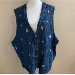 Vintage Boho Cottage Core denim vest embroidered butterflies Size 42/44
